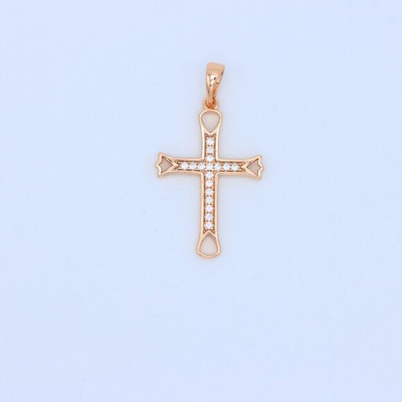 "Elegant Rose Gold Cross Pendant with CZ Stones and Cutout Design, XPPT1848 - Picture 9 of 13